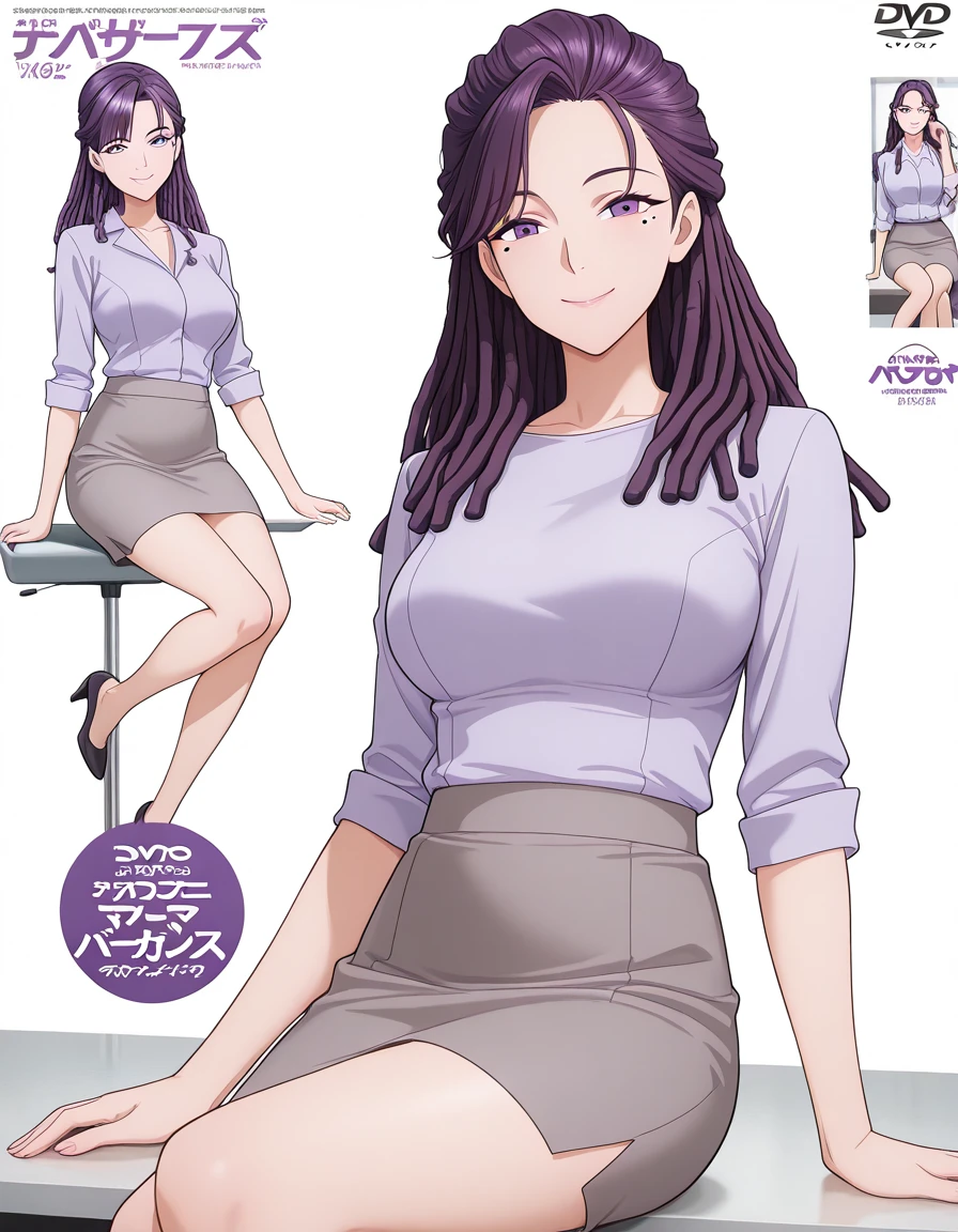 masterpiece, best quality, amazing quality,, <lora:tobeherox-bowa-s1-illustriousxl-lora-nochekaiser:1>, bowa, long hair, viewer, purple hair, purple eyes, mole, mole under eye, hair behind ear, dreadlocks, mature female, medium breasts, anime screencap, <lora:jav-cover-illustriousxl-lora-nochekaiser:1>, jav covers, magazine cover, fake cover, dvd cover, smile, skirt, shirt, sitting, cover, pencil skirt, office lady, , <lora:transparent-background-illustriousxl-lora-nochekaiser:1>, transparent background, simple background, white background