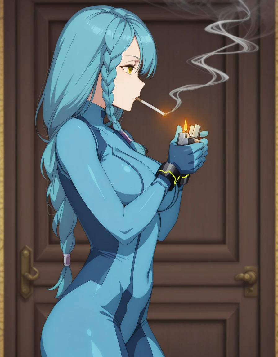 masterpiece, best quality, amazing quality,, <lora:rose-marblehart-s1-illustriousxl-lora-nochekaiser:1>, rose marblehart, long hair, blue hair, yellow eyes, braid, single braid, aqua hair, side braid, mature female, breasts, anime screencap, <lora:samus-aran-cosplay-illustriousxl-lora-nochekaiser:1>, samus aran cosplay, samus aran (cosplay), blue bodysuit, bodysuit, covered navel, skin tight, zero suit,, <lora:lighting-cigarette-illustriousxl-lora-nochekaiser:1>, lighting cigarette, lighter, holding lighter, cigarette, smoking, fire, smoke, holding, cowboy shot, from side, ,