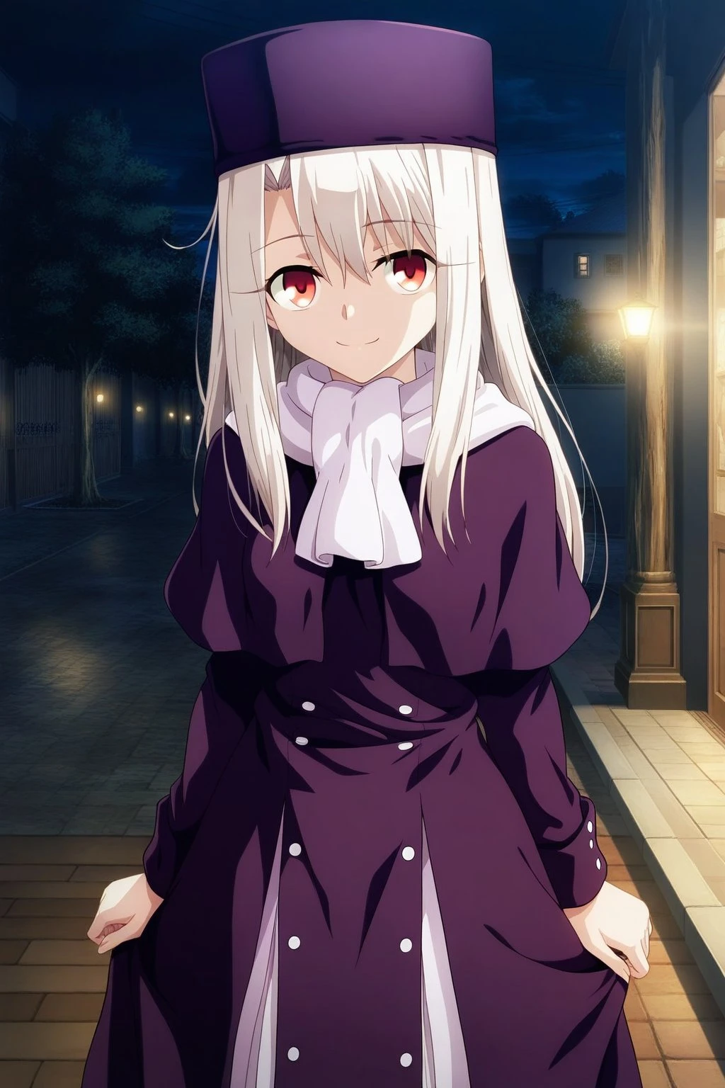 masterpiece, best quality, amazing quality, fine details, Illyasviel, solo, breasts, flat breasts, white hair, long hair, hair between eyes, red eyes, purple headwear, papakha, white scarf, purple capelet, purple coat, long sleeves, purple coat, coat dress, long dress, white scarf, outside, dark background, front view, cute smile, looking at viewer,