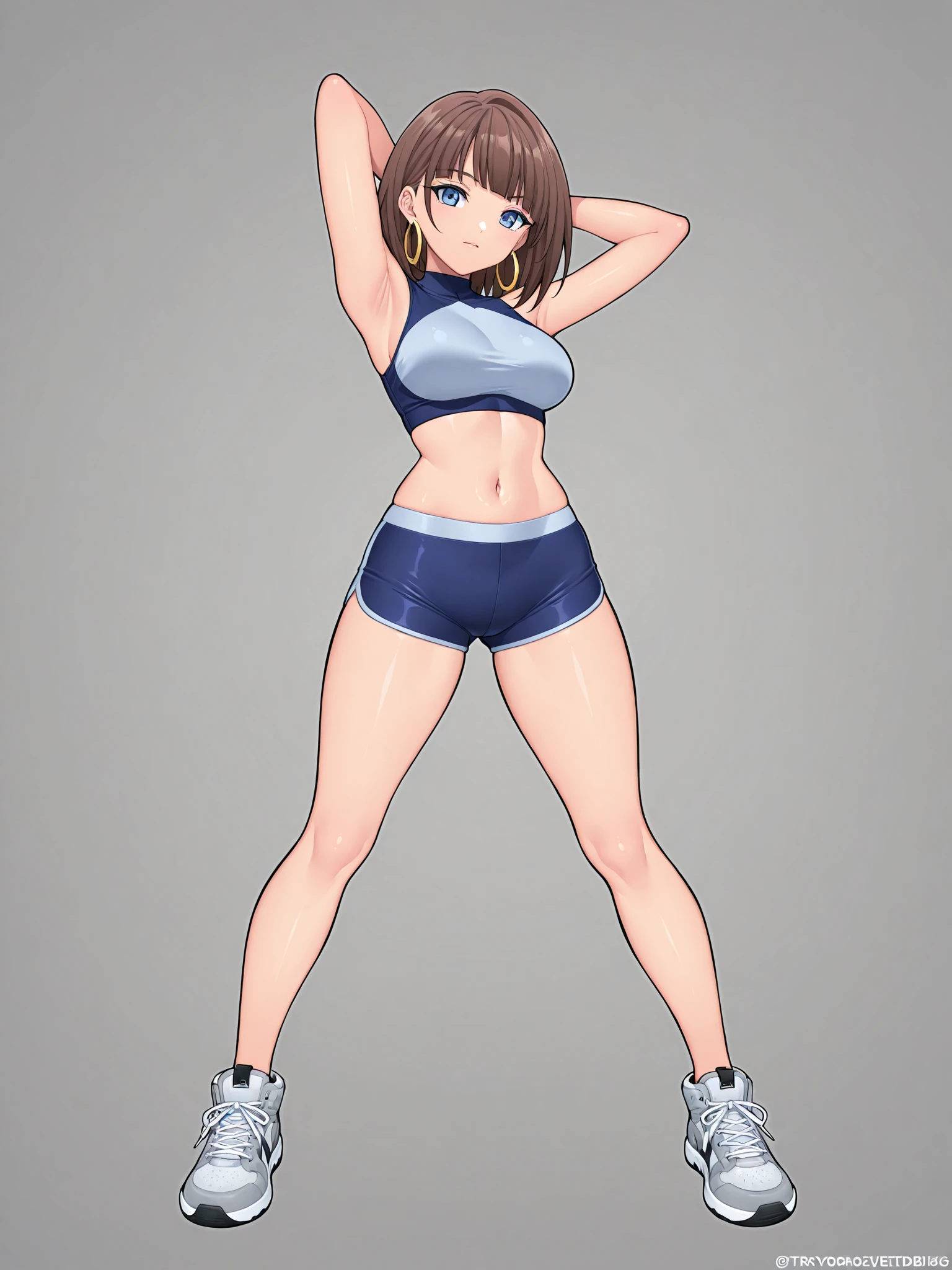 Anime Kawaii sexy Perfect Slim sensual body large breast and huge thighs, An intricate and highly detailed illustration of anime (Young girl) (work of art,highest quallity:1.3,Better quality illustration),cowboy shot,1womanl,Beautiful 20 year old Japanese girl,((very small head:1.4)),long brown hair,bangss,eyes browns,gorgeous eyes,blush,ssmile,breasts small,((very long body:1.4)),(toned body,slenderbody,skinny,skin tanned),(Navy blue sports bra、へそ、Dark blue sports shorts),shining skin,shining skin,(sweat:1.3),standing,grit、Tokyo、