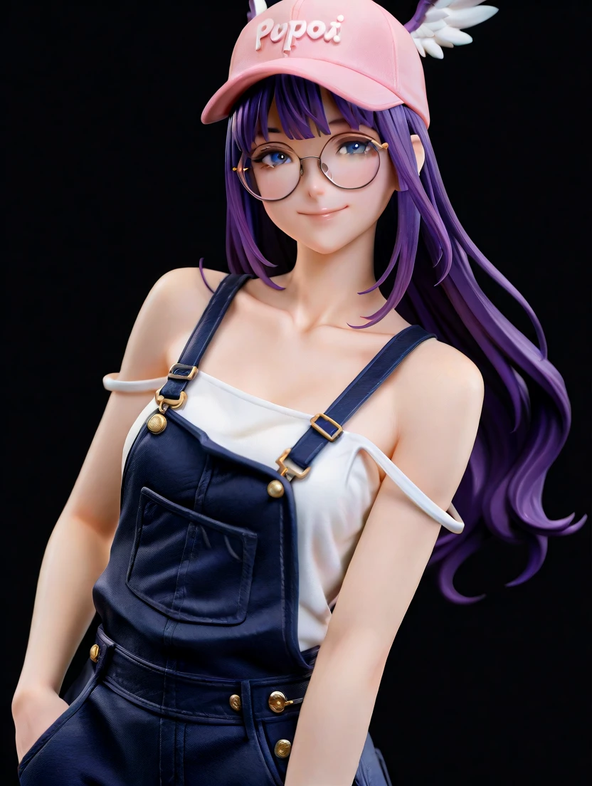 <lora:HighPoly1llust:0.8>,high-poly,anime figure,
1girl,solo,glasses,winged hat,long hair,hat,purple hair,smile,overalls,looking at viewer,hand in pocket,pink headwear,baseball cap,blue eyes,tank top,collarbone,round eyewear,bangs,bare shoulders,strap slip,simple background,black_background,