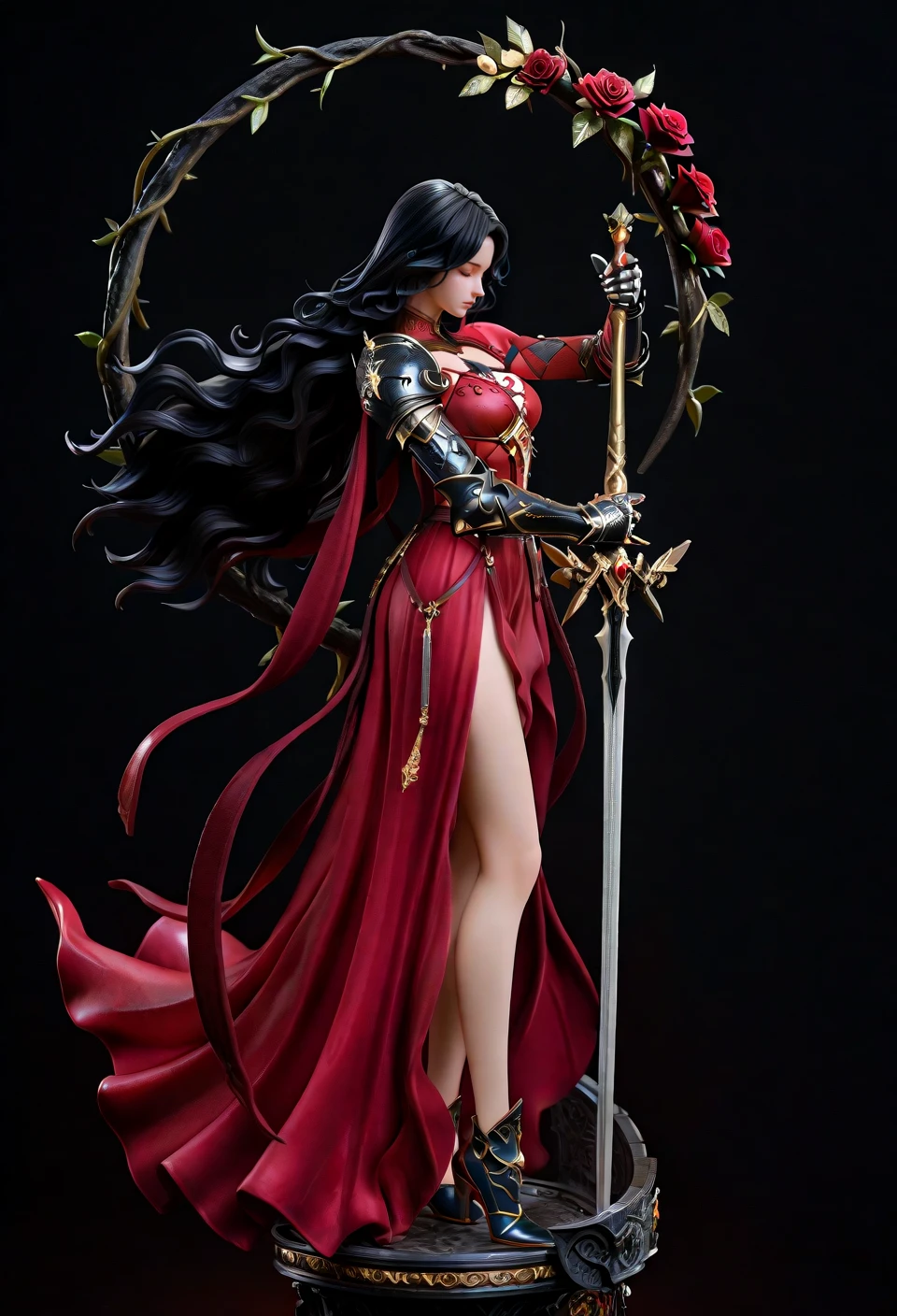 <lora:HighPoly1llust:0.8>,high-poly,anime figure,
black_background, 1girl, weapon, solo, sword, long hair, flower, armor, black hair, dress, gauntlets, holding, red flower, red dress, holding weapon, holding sword, closed eyes, rose, wavy hair, closed mouth