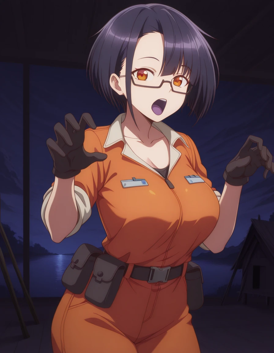 masterpiece, best quality, amazing quality,, <lora:nias-carlin-s1-illustriousxl-lora-nochekaiser:1>, nias carlin, short hair, black hair, brown eyes, orange eyes, glasses, asymmetrical bangs, semi-rimless eyewear, under-rim eyewear, black-framed eyewear, mature female, breasts, anime screencap, shirt, gloves, collarbone, black gloves, belt, sleeves rolled up, pouch, jumpsuit, orange jumpsuit, <lora:ghost-pose-illustriousxl-lora-nochekaiser:1>, ghost pose, ghost, purple tongue, open mouth, tongue, hands up, indoors, night, night sky, dark, horror (theme), cloud, dark cloud, dim lighting, dark room, backlighting, cowboy shot, stilt house, tall, water, unique, support, cowboy shot, solo, looking at viewer, <lora:transparent-background-illustriousxl-lora-nochekaiser:1>, transparent background, simple background, white background