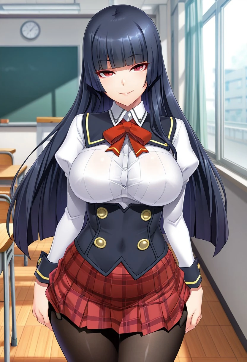 1girl,black hair,red nails, long hair, large breast, blush, lipstick,,jewelry, earrings, Hot girl, baddie, bad attitude, mean girl, crazy, smoking, sensual, attractive , masterpiece, best quality, highly detailed, a anime girls in sailor uniforms with a gun posing for a picture,
evil smile, smile, open mouth,black_serafuku, ecchi anime style, anime girls , (nsfw) not safe for work,
ecchi style, ecchi, shipgirls, digital anime art!!, high school girls, holding a gun, hold a gun, anime style 4
k, micro skirt, exposed belly, exposed navel, exposed midriff, holding pistol,underboob,
exposed lower belly,school, classroom,