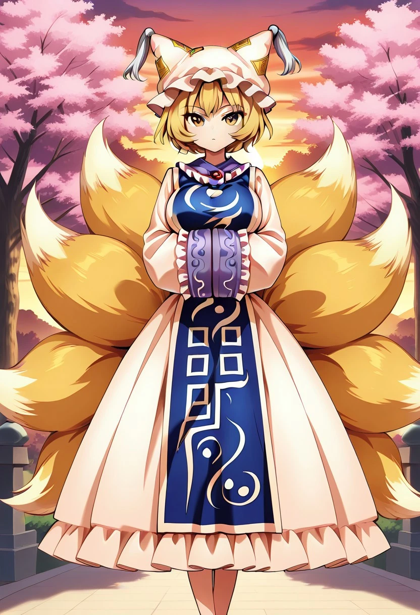 harukawa moe style, ((outdoors)), ((sunset)), hands in opposite sleeves, (sakura tree), 1girl, solo, looking at viewer, standing, posing, calm gaze, ((large breasts)), ((yakumo ran)), yellow eyes, blonde hair, short hair, multiple tails, fox tail, fox ears, hat, white headwear, ofuda, tabard, white dress, long dress, frills, long sleeves, wide sleeves, ((legs))