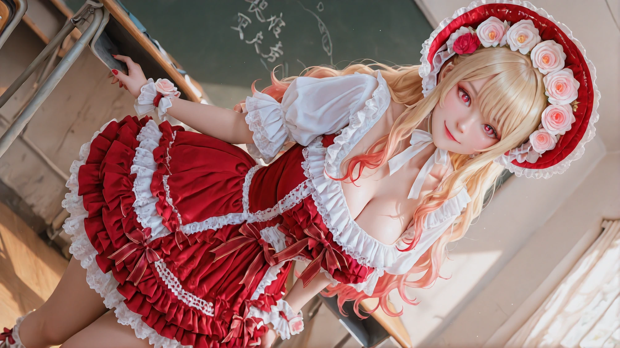 4K、Shiny blonde hair、Christmas、Cat tail、Ribbons in the hair、Realistic hairstyles、Red frills、white stockings、Exposed buttocks、Sheer、bignipple、痴女、Purple eyes、Masturbation behavior、Felt face、half-opened mouth