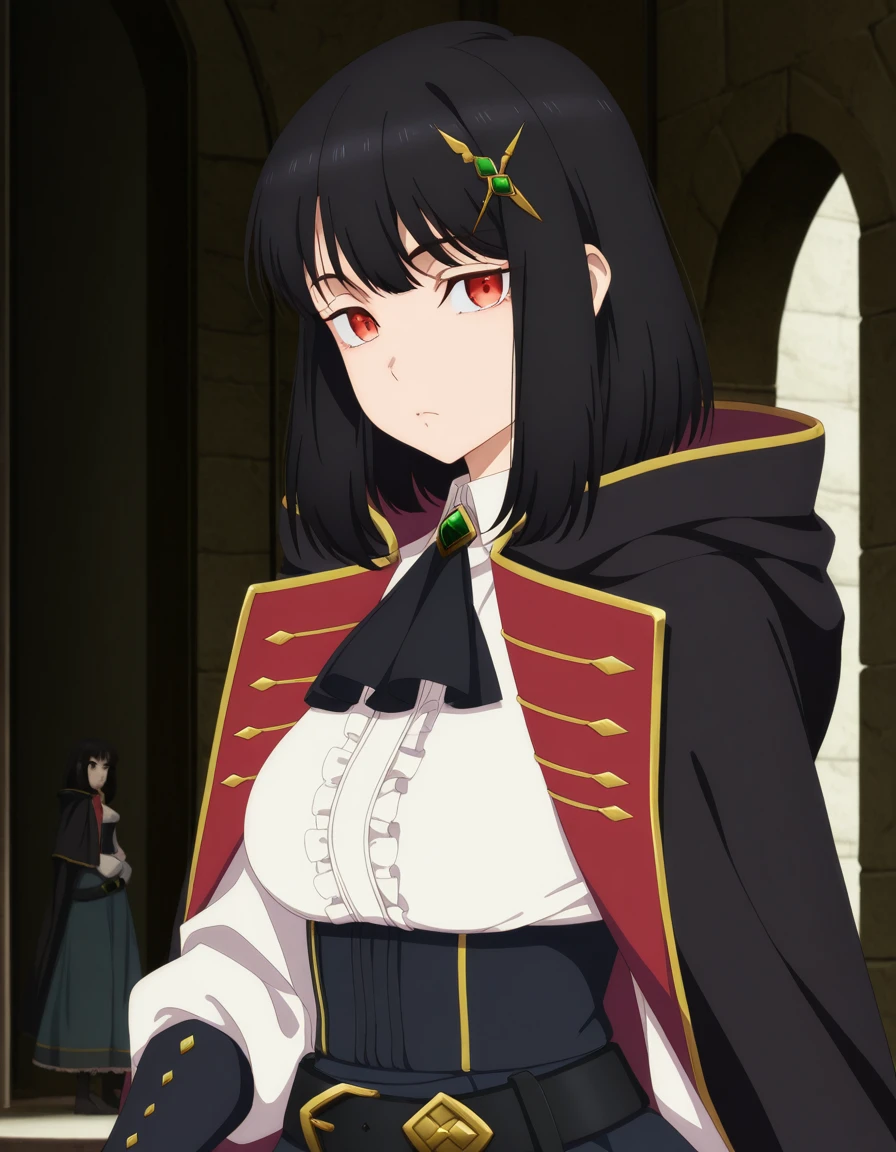 masterpiece, best quality, amazing quality,, <lora:ficelle-harbeller-s1-illustriousxl-lora-nochekaiser:1>, ficelle harbeller, short hair, black hair, hair ornament, red eyes, medium hair, mature female, medium breasts, anime screencap, shirt, skirt, long sleeves, jewelry, white shirt, frills, collared shirt, belt, hood, cape, blue skirt, ascot, brooch, black belt, black ascot, from side, minaret, tall, mosque, call_to_prayer, holy, cowboy shot, solo, looking at viewer,
