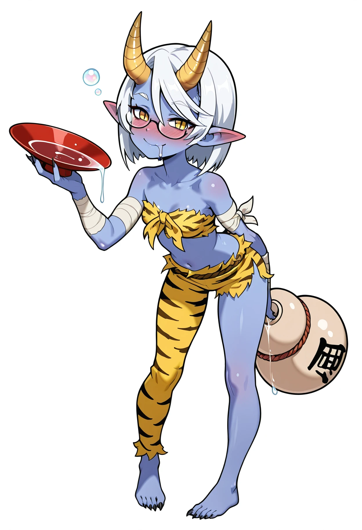 [Blue Oni], 1girl, horns, solo, breasts, oni, navel, colored skin, blush, barefoot, pointy ears, animal print, yellow eyes, bandages, blue skin, cleavage, full body, purple skin, short hair, gourd, glasses, loincloth, bare shoulders, finger to mouth, looking at viewer, tiger print, white hair, medium breasts, large breasts, midriff, monster girl , <lora:MamonoMusume_V73:1>