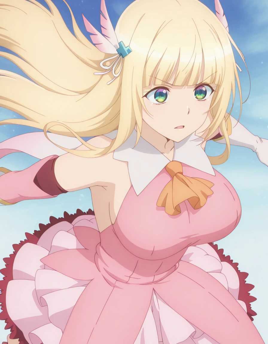 masterpiece, best quality, amazing quality,, <lora:christiana-leta-rosebreia-s1-illustriousxl-lora-nochekaiser:1>, christiana leta rosebreia, long hair, blonde hair, hair ornament, green eyes, blunt bangs, mature female, breasts, anime screencap, <lora:prisma-illya-cosplay-illustriousxl-lora-nochekaiser:1>, prisma illya cosplay, prisma illya (cosplay), dress, elbow gloves, feather hair ornament, feathers, frilled dress, frills, gloves, hair ornament, layered gloves, magical girl, orange ascot, pink dress, pink feathers, pink gloves, pink sleeves, white gloves,, <lora:dynamic-pose-illustriousxl-lora-nochekaiser:1>, dynamic pose, midair, cowboy shot, ,