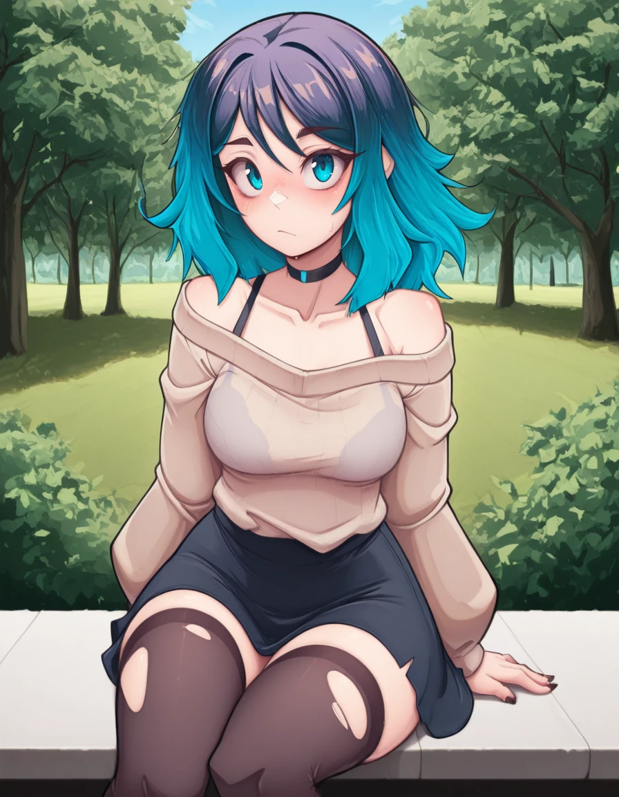 (masterwork, illustration, Ra3lyn, masterpiece, best quality, hyper-detailed, 8k uhd::1.4),
1girl, Ra3lyn.
<lora:OC_Rae_Character_LoRA:1>
 <lora:Dilan_Grizart_Style_LoRA:1.2> d1l4n_gr1z_5tyl3, 
solo, off-the-shoulder sweater, jacket, bra strap, gradient hair, face, close up, dark clothes, looking at viewer, heavily stylized, drama layer, amazing quality, close up, sunny, sitting in a park, side view, detailed background, nature, outdoors, ripped thighhighs, skirt,
 lazypos