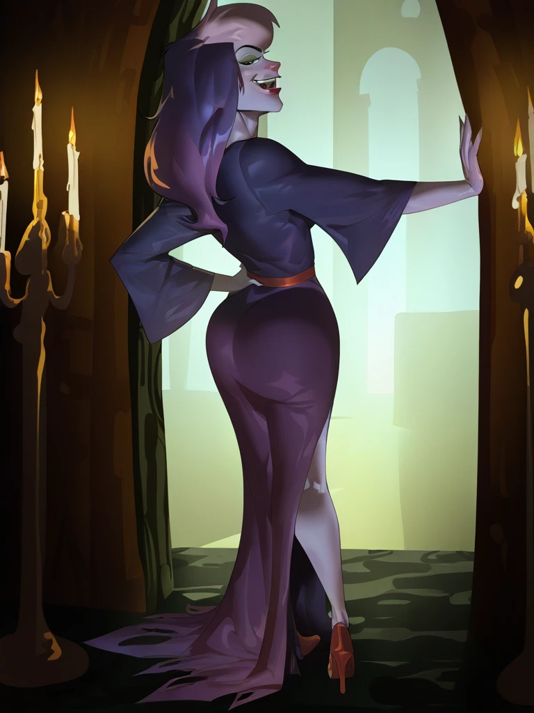 masterpiece, best quality, amazing quality,
sibdil, purple hair, long hair, green eyes, red lips, makeup, lipstick, colored skin, purple skin, purple dress, red sash, collarbone, side slit, fangs, red shoes
, 1girl, looking at viewer, smile, full body, hand on hip, from behind, haunted house
, solo
<lora:SibDIl:0.95> <lora:saigalisk-koto-illustrious 2:1> saigalisk