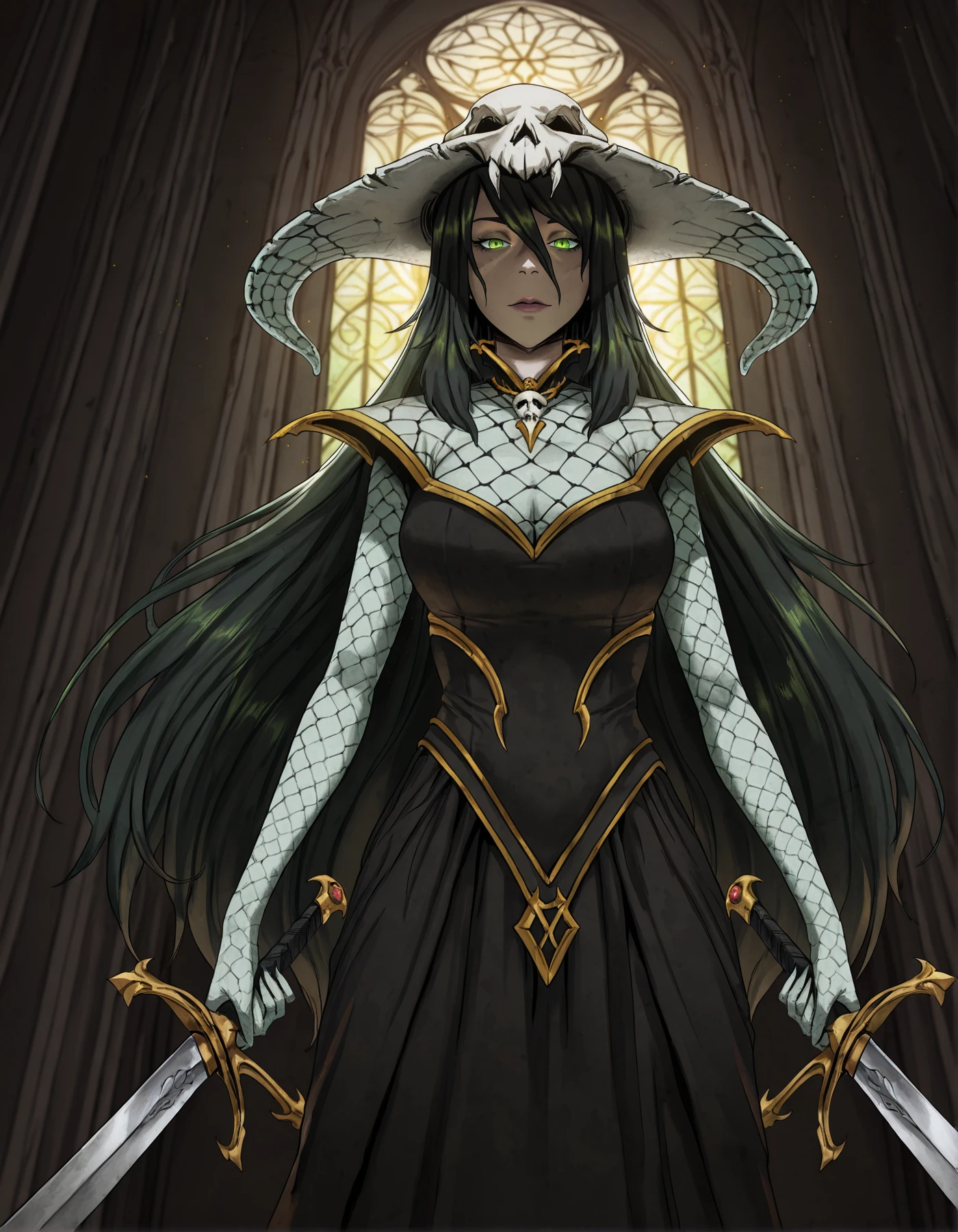 masterpiece, best quality, extremely detailed, detailed background, lens flare, realistic lighting, darkness, church,
1 girl, realistic eyes, detailed eyes, slim, adult female, dynamic pose, looking at viewer,
<lora:My_Lovely_Wife_Ill_V2:1.25>, Lov3lyWstyle,
very long black hair, skull hat, sword, green eyes, snake skin pattern,