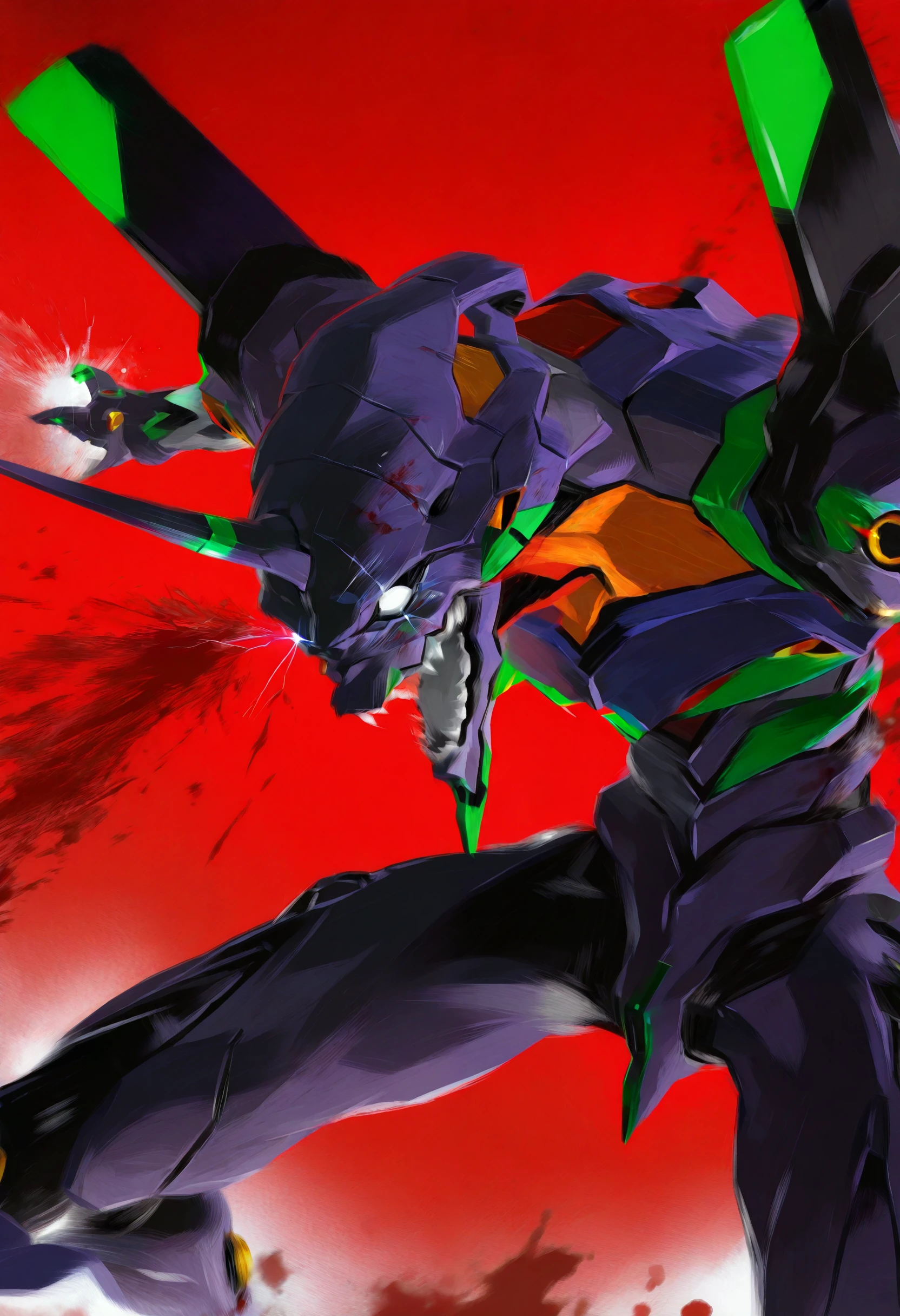 EVA 01, EVA, Doomsday Style, Black, Red, Blood, Detailed EVA 01, Best Quality, Masterpiece, 8K, White Halo on Head, Glowing Aura, Detailed EVA 01 Head, Open Mouth, Rampage,