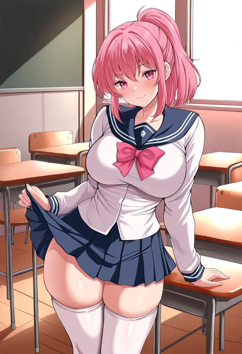 oboro、Medium Hair、Reddish purple hair、Super huge breasts、、Huge breasts、Wet Skin、Dripping Sweat、 、Nipple Bikini、Pussy、pubic hair、Wet genitals、See-through、Peeing、smile、Sailor suit、、whole body、classroom