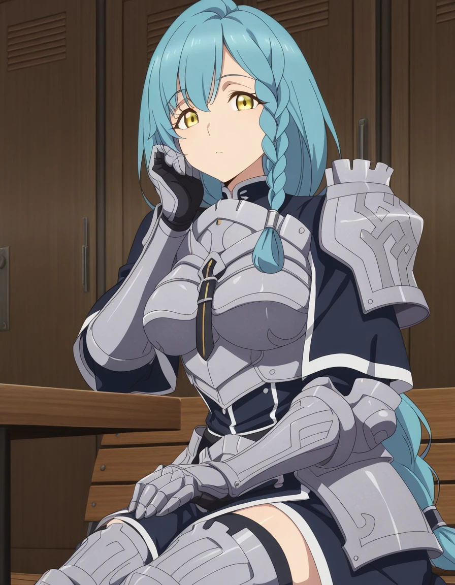 masterpiece, best quality, amazing quality,, <lora:rose-marblehart-s1-illustriousxl-lora-nochekaiser:1>, rose marblehart, long hair, blue hair, yellow eyes, braid, single braid, aqua hair, side braid, mature female, medium breasts, anime screencap, thighhighs, armor, gauntlets, shoulder armor, breastplate, armored dress, sitting, elbow rest, table,, changing room, lockers, benches, clothes, privacy, cowboy shot, solo, looking at viewer,