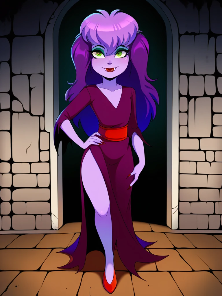 masterpiece, best quality, amazing quality,
sibdil, purple hair, long hair, green eyes, red lips, makeup, lipstick, colored skin, purple skin, purple dress, red sash, collarbone, side slit, fangs, red shoes
, 1girl, looking at viewer, smile, full body, hand on hip, haunted house
, solo
<lora:SibDIl:0.95>