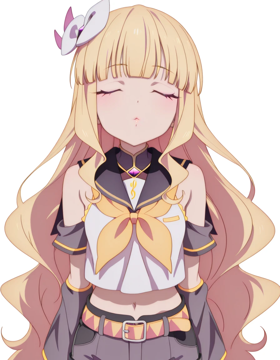 masterpiece, best quality, amazing quality,, <lora:lucy-diamond-s1-illustriousxl-lora-nochekaiser:1>, lucy diamond, long hair, blonde hair, very long hair, pink eyes, purple eyes, blunt bangs, wavy hair, mature female, small breasts, anime screencap, <lora:rin-kagamine-cosplay-illustriousxl-lora-nochekaiser:1>, rin kagamine cosplay, rin kagamine (cosplay), bare shoulders, belt, black sailor collar, black shorts, bow, crop top, detached sleeves, grey legwear, grey shorts, grey sleeves, hair bow, leg warmers, neckerchief, sailor collar, school uniform, shirt, short shorts, short sleeves, shorts, white bow, white footwear, white shirt, yellow neckerchief,, <lora:incoming-kiss-illustriousxl-lora-nochekaiser:1>, incoming kiss, closed eyes, blush, pov, upper body, , <lora:transparent-background-illustriousxl-lora-nochekaiser:1>, transparent background, simple background, white background