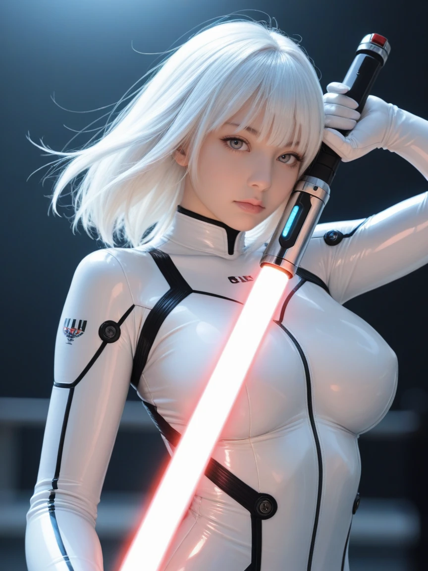 8K uhd, materpiece, a beautiful girl, detaild eye, good face, detaild eyebrow, cyberpunk outfit, white outfit, cyberpunk, Cyberspace, cyberpunk shining background, neon effect, Spreading lighting, red lighting, whole body capture,full body,big tits ,big tits