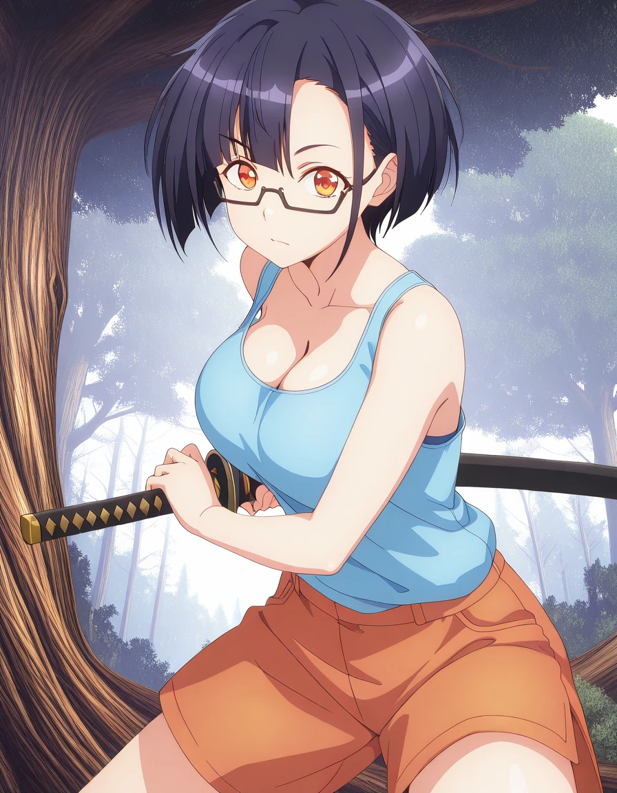 masterpiece, best quality, amazing quality,, <lora:nias-carlin-s1-illustriousxl-lora-nochekaiser:1>, nias carlin, short hair, black hair, brown eyes, orange eyes, glasses, asymmetrical bangs, semi-rimless eyewear, under-rim eyewear, black-framed eyewear, mature female, breasts, anime screencap, cleavage, shorts, tank top, blue tank top, <lora:battoujutsu-stance-illustriousxl-lora-nochekaiser:1>, battoujutsu stance, looking at viewer, holding, weapon, sword, holding weapon, holding sword, standing, katana, sheath, sheathed, fighting stance, ready to draw, treehouse, tree, wood, nature, height, cowboy shot, solo, looking at viewer, <lora:transparent-background-illustriousxl-lora-nochekaiser:1>, transparent background, simple background, white background