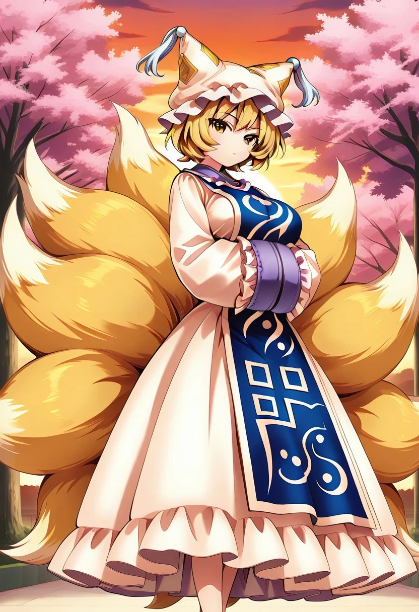 harukawa moe style, ((outdoors)), ((sunset)), hands in opposite sleeves, (sakura tree), 1girl, solo, looking at viewer, standing, posing, calm gaze, ((large breasts)), ((yakumo ran)), yellow eyes, blonde hair, short hair, multiple tails, fox tail, fox ears, hat, white headwear, ofuda, tabard, white dress, long dress, frills, long sleeves, wide sleeves, ((legs))