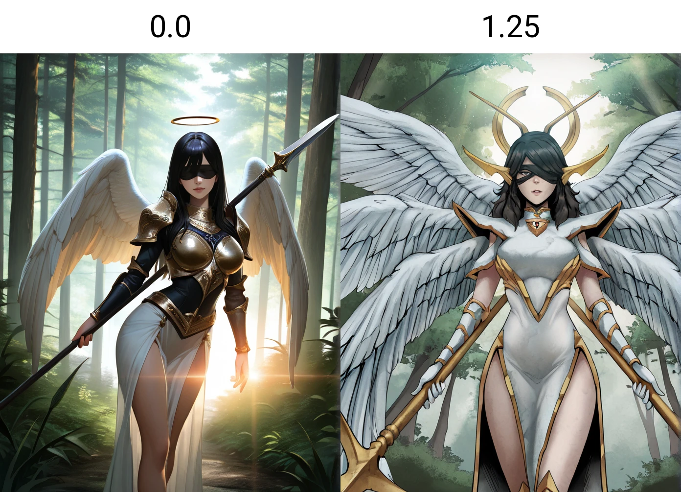 masterpiece, best quality, extremely detailed, detailed background, lens flare, realistic lighting, forest,
1 girl, realistic eyes, detailed eyes, slim, adult female, dynamic pose, looking at viewer,
<lora:My_Lovely_Wife_Ill_V2:0.0>, Lov3lyWstyle,
angel, wings, halo, blindfold, armor, long black hair, spear,