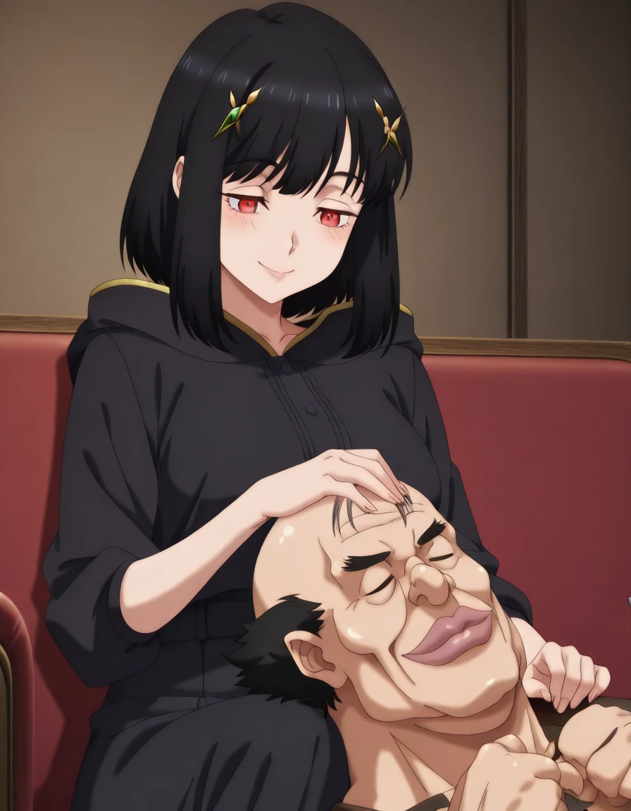 masterpiece, best quality, amazing quality,, <lora:ficelle-harbeller-s1-illustriousxl-lora-nochekaiser:1>, ficelle harbeller, short hair, black hair, hair ornament, red eyes, medium hair, mature female, medium breasts, anime screencap, <lora:lap-pillow-illustriousxl-lora-nochekaiser:1>, lap pillow, sitting, closed eyes, hetero, lying, on back, looking at another, sleeping, hand on another's head, blush, smile, knees, on couch, <lora:caretaker-ova-illustriousxl-lora-nochekaiser:1>, caretaker, black hair, bald, black eyes,,