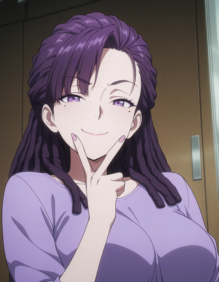 masterpiece, best quality, amazing quality,, <lora:tobeherox-bowa-s1-illustriousxl-lora-nochekaiser:1>, bowa, long hair, viewer, purple hair, purple eyes, mole, mole under eye, hair behind ear, dreadlocks, mature female, medium breasts, anime screencap, v, v over mouth, smug,, ,