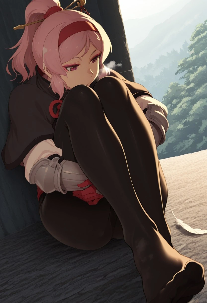 sessyu, outdoors, undershirt, falling feathers, black bodysuit, hair stick, hugging own legs, , gauntlets,   eyeshadow,   red gloves,  high ponytail,  , black capelet, red hairband, pink eyes, 1girl, solo, feet, visible breath,   dynamic angle, foreshortening, smell, steam,