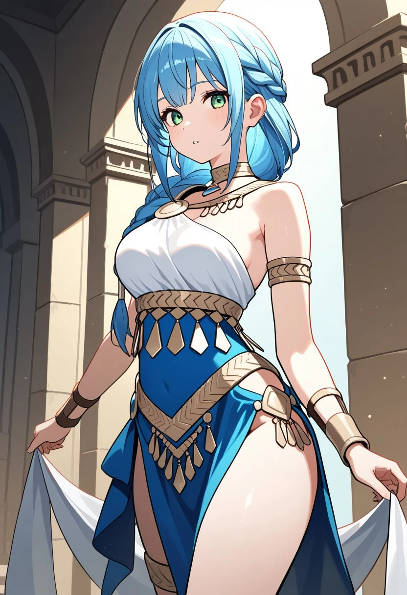 garota 18 anos cabelo azul escuro, garota sexy, vestido branco marcando a bunda, bunda marcada, castelo medieval, anime traits, 8k, parede de pedra ao fundo, peito pequeno
