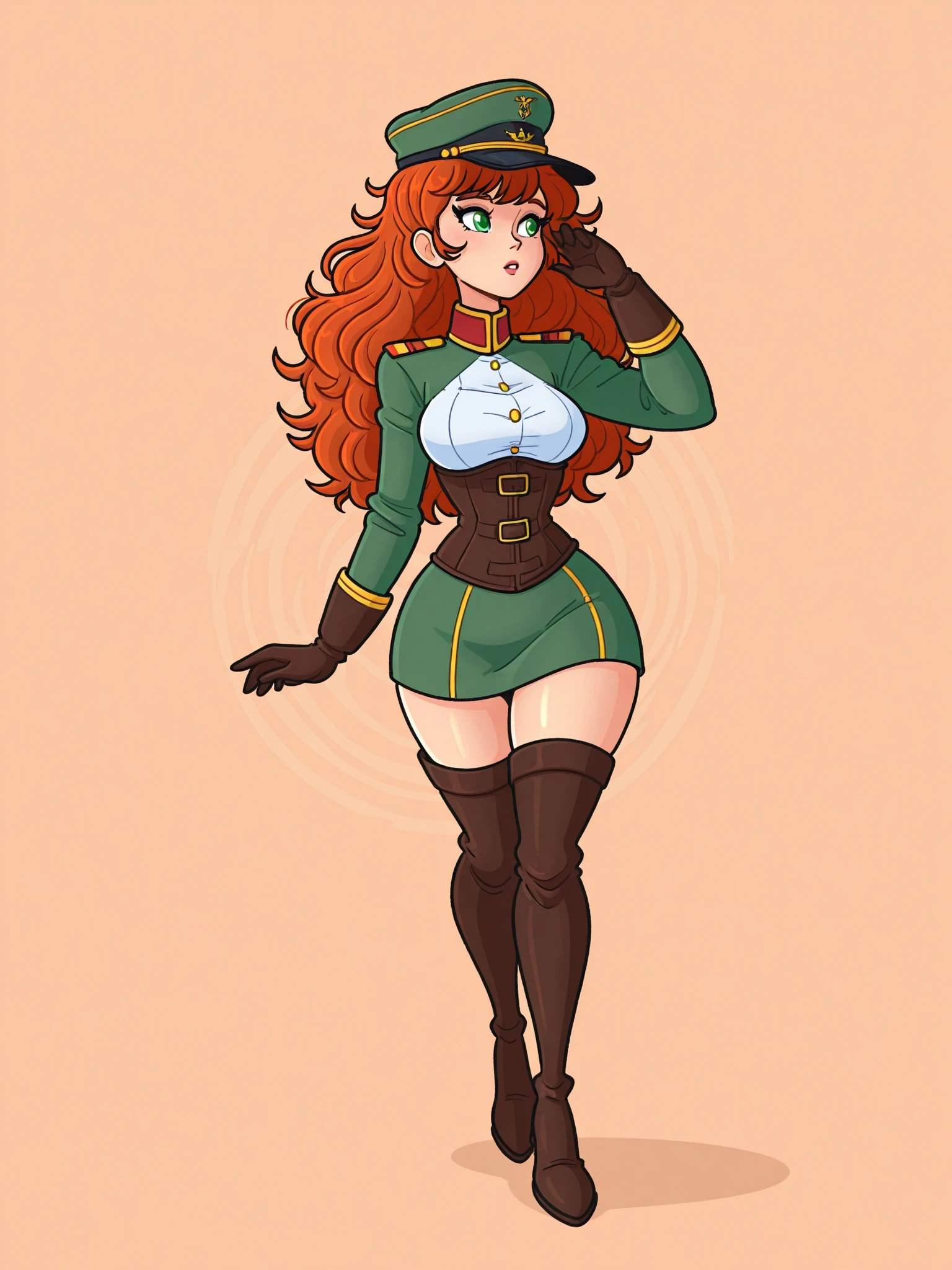 (cartoon style:1.2), Drawings of (Ginevra Molly Weasley), ssmile, perfect green eyes, face detailed, White background, fun pose, seducing gaze,Full body wearing the Sanserina uniform, beautiful medium breasts and wonderful body cartoon style digital illustration. wearing panties