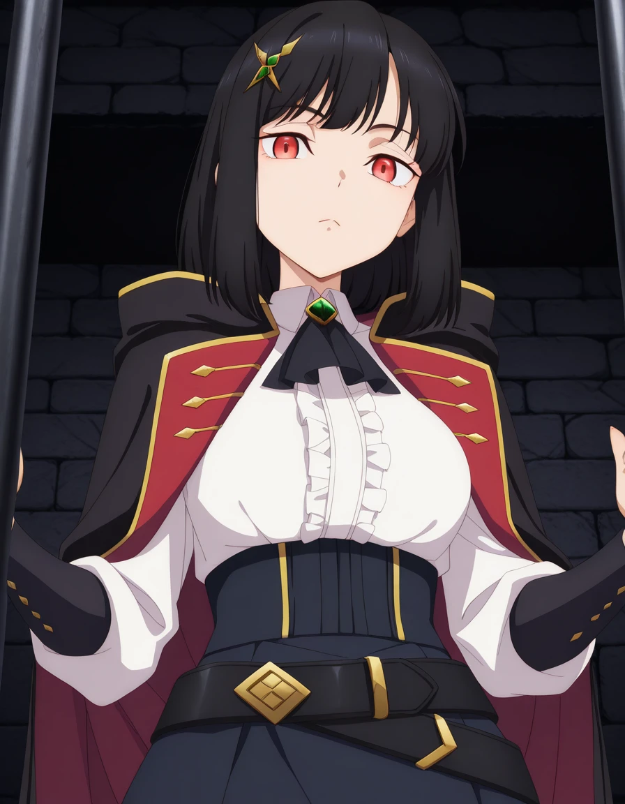 masterpiece, best quality, amazing quality,, <lora:ficelle-harbeller-s1-illustriousxl-lora-nochekaiser:1>, ficelle harbeller, short hair, black hair, hair ornament, red eyes, medium hair, mature female, medium breasts, anime screencap, shirt, skirt, long sleeves, jewelry, white shirt, frills, collared shirt, belt, hood, cape, blue skirt, ascot, brooch, black belt, black ascot, from below, prison, bars, cells, guards, confined, cowboy shot, solo, looking at viewer, <lora:transparent-background-illustriousxl-lora-nochekaiser:1>, transparent background, simple background, white background
