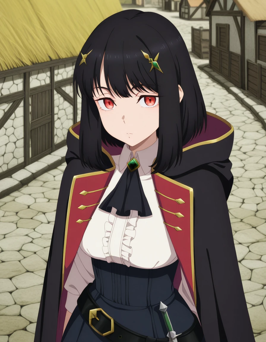 masterpiece, best quality, amazing quality,, <lora:ficelle-harbeller-s1-illustriousxl-lora-nochekaiser:1>, ficelle harbeller, short hair, black hair, hair ornament, red eyes, medium hair, mature female, medium breasts, anime screencap, shirt, skirt, long sleeves, jewelry, white shirt, frills, collared shirt, belt, hood, cape, blue skirt, ascot, brooch, black belt, black ascot, from above,, rural, fields, houses, countryside, quiet, cowboy shot, solo, looking at viewer,