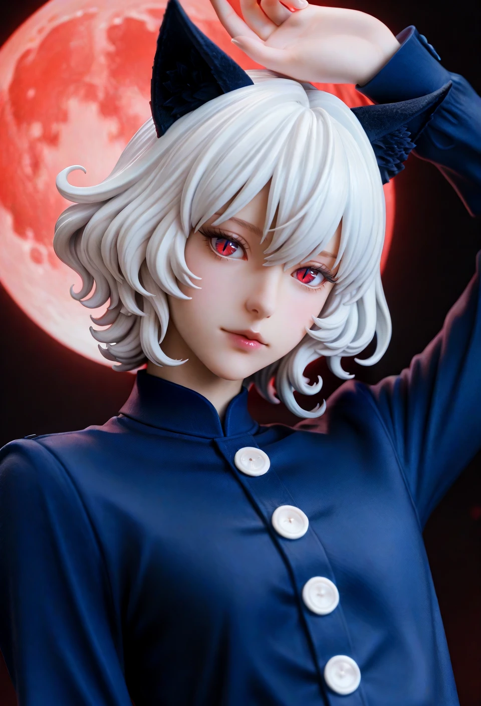 <lora:HighPoly1llust:0.8>,high-poly,anime figure,
black_background, animal ears, solo, cat ears, looking at viewer, 1other, red eyes, red moon, other focus, androgynous, buttons, short hair, upper body, slit pupils, moon, lips, curly hair, white hair, bangs, long sleeves, eyelashes, closed mouth, shirt, arm up, blue shirt, jacket, hair between eyes, artist name