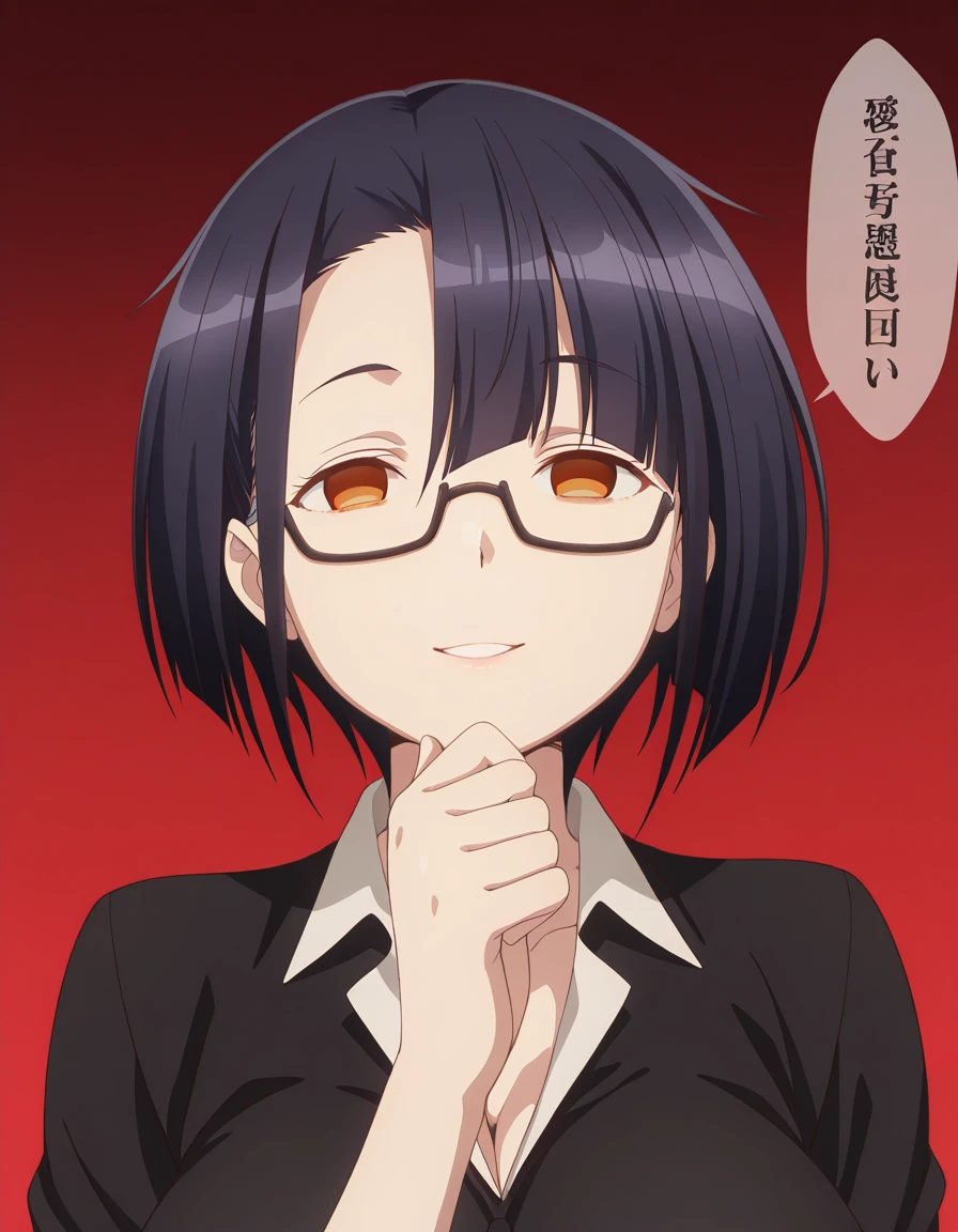 masterpiece, best quality, amazing quality,, <lora:nias-carlin-s1-illustriousxl-lora-nochekaiser:1>, nias carlin, short hair, black hair, brown eyes, orange eyes, glasses, asymmetrical bangs, semi-rimless eyewear, under-rim eyewear, black-framed eyewear, mature female, breasts, anime screencap, <lora:okawaii-koto-illustriousxl-lora-nochekaiser:1>, okawaii koto, looking at viewer, smile, upper body, parted lips, speech bubble, gradient, gradient background, red background, empty eyes, hand on own chin, ,