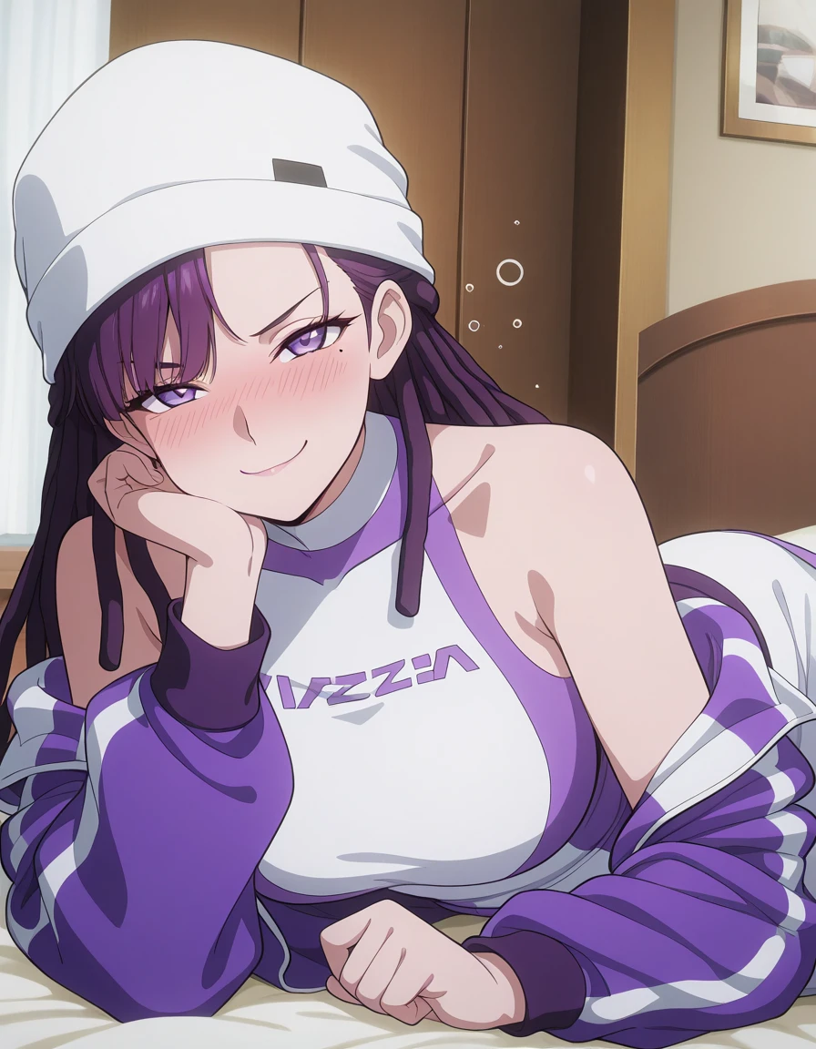 masterpiece, best quality, amazing quality,, <lora:tobeherox-bowa-s1-illustriousxl-lora-nochekaiser:1>, bowa, long hair, viewer, purple hair, purple eyes, mole, mole under eye, hair behind ear, dreadlocks, mature female, medium breasts, anime screencap, hat, bare shoulders, jacket, sleeveless, off shoulder, white headwear, purple jacket, white dress, purple dress, two-tone dress,, head rest, smug, indoors, bed, bedroom, on side, blush, drunk, cowboy shot, solo, looking at viewer,
