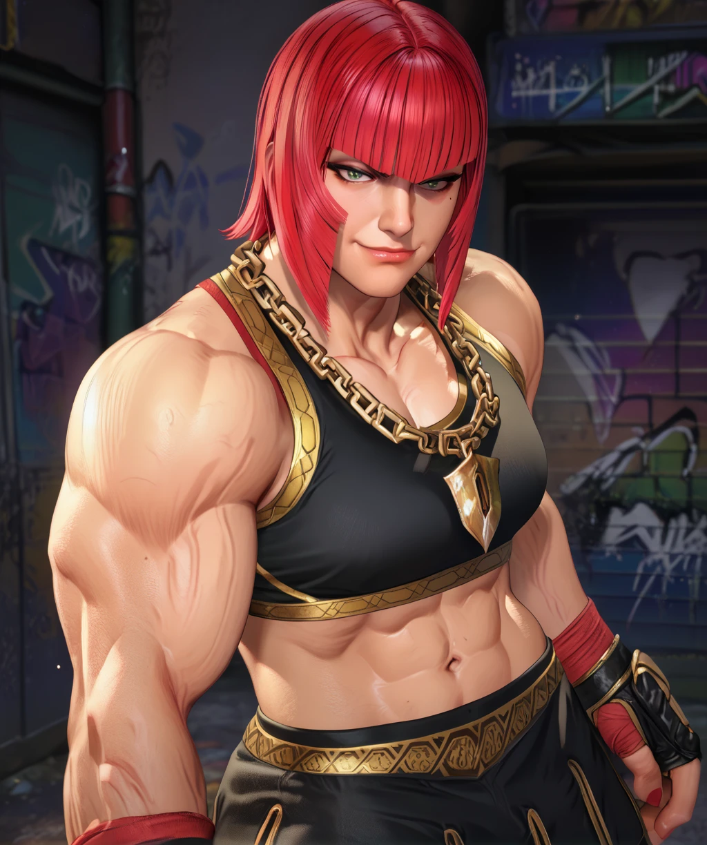 score_9, score_8_up, score_7_up, score_6_up, score_5_up, score_4_up,
marisarxl, red blunt bangs, green eyes, mole, makeup,
black sports bra with gold trim, cleavage, veiny arms,
necklace, standing, midriff, gloves,
smug, looking at viewer,
urban, graffiti, evening, solo,
<lora:MarisaRxl-SF12v7:0.9>,