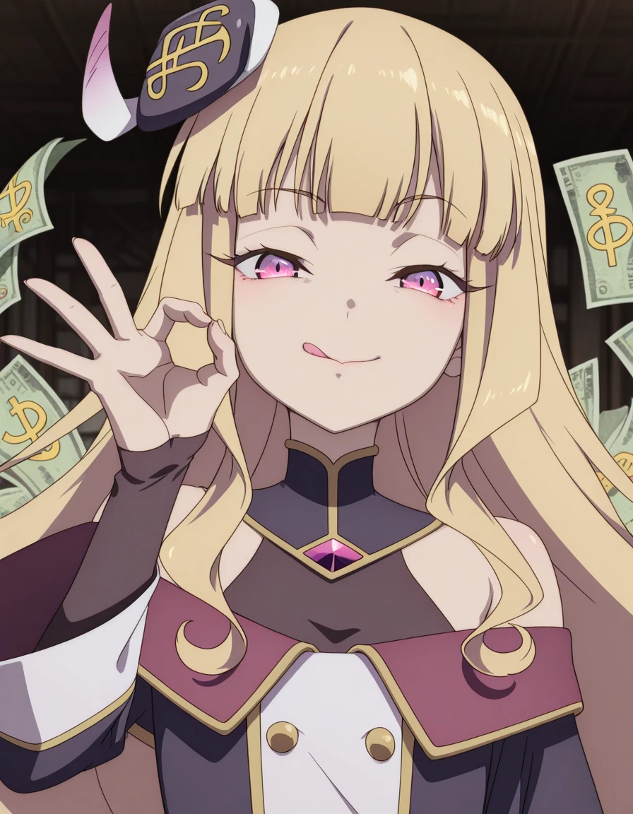 masterpiece, best quality, amazing quality,, <lora:lucy-diamond-s1-illustriousxl-lora-nochekaiser:1>, lucy diamond, long hair, blonde hair, very long hair, pink eyes, purple eyes, blunt bangs, wavy hair, mature female, small breasts, anime screencap, <lora:money-gesture-illustriousxl-lora-nochekaiser:1>, money gesture, smile, tongue out, looking at viewer, money eyes, sparkling, ok sign, one eye closed, upper body, money, yen sign, dollar sign, hand up,, ,