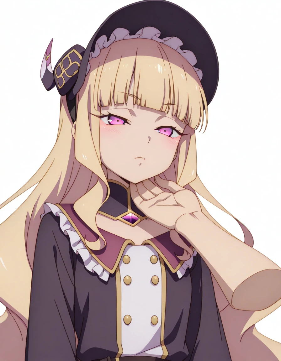 masterpiece, best quality, amazing quality,, <lora:lucy-diamond-s1-illustriousxl-lora-nochekaiser:1>, lucy diamond, long hair, blonde hair, very long hair, pink eyes, purple eyes, blunt bangs, wavy hair, mature female, small breasts, anime screencap, <lora:gothic-fashion-illustriousxl-lora-nochekaiser:1>, gothic fashion, fashion, goth fashion, frills, frilled dress, hairband, bonnet, black bonnet, black hairband, <lora:stroking-anothers-chin-pov-illustriousxl-lora-nochekaiser:1>, stroking another's chin pov, stronking another's chin, pov, pov hands, blush,, , <lora:transparent-background-illustriousxl-lora-nochekaiser:1>, transparent background, simple background, white background