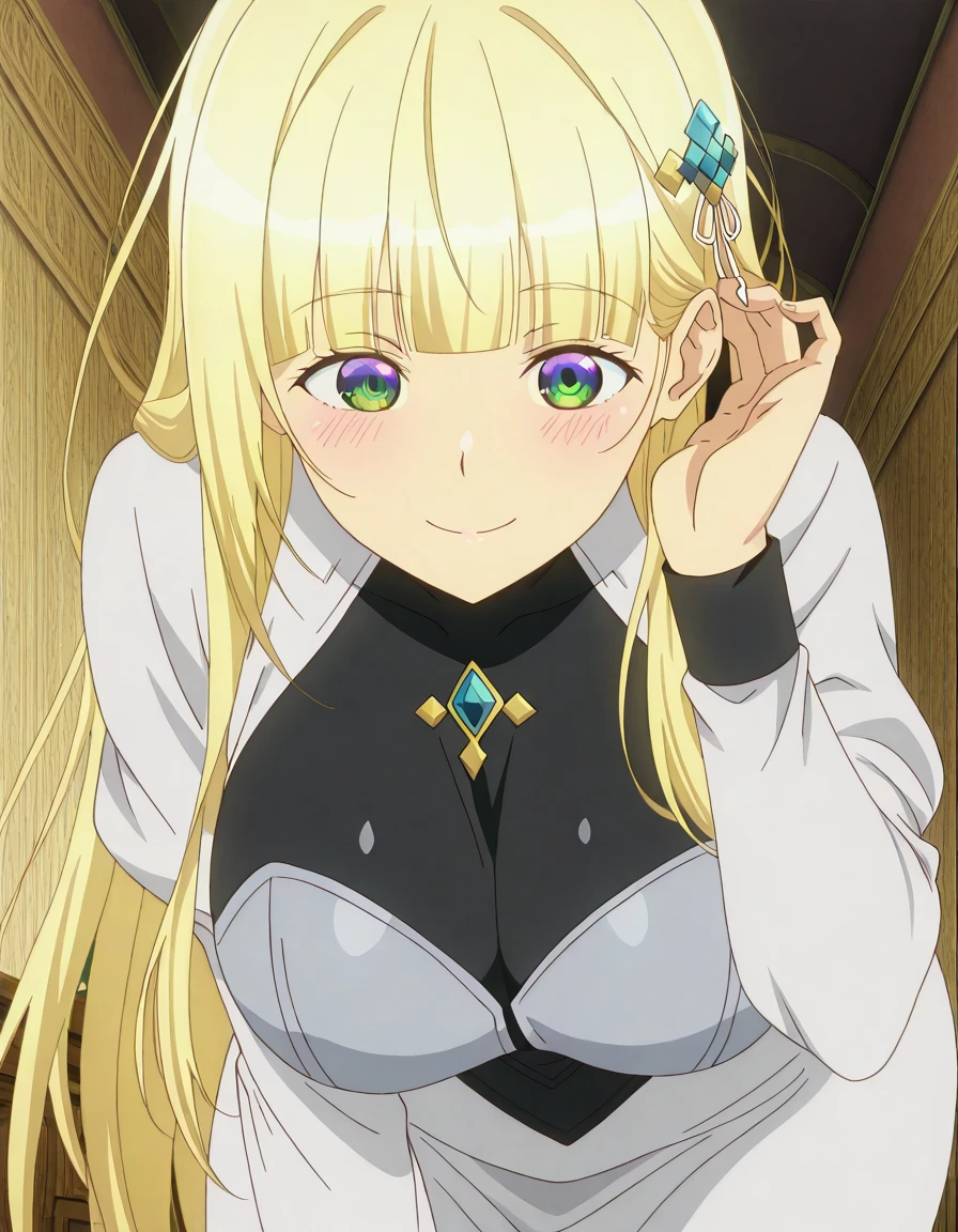 masterpiece, best quality, amazing quality,, <lora:christiana-leta-rosebreia-s1-illustriousxl-lora-nochekaiser:1>, christiana leta rosebreia, long hair, blonde hair, hair ornament, green eyes, blunt bangs, mature female, breasts, anime screencap, <lora:tucking-hair-illustriousxl-lora-nochekaiser:1>, tucking hair, adjusting hair, hand on own hair, hair behind ear, smile, bent over, leaning forward, blush, hand up,, ,