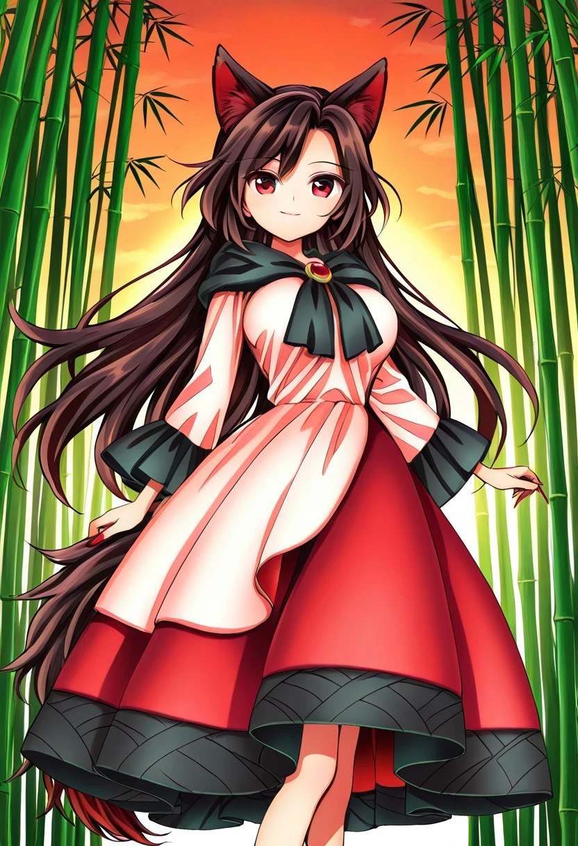 harukawa moe style, ((bamboo forest)), ((sunset)), 1girl, solo, looking at viewer, standing, posing, (soft smile), ((large breasts)), ((imaizumi kagerou)), red eyes, brown hair, long hair, wolf ears, wolf tail, long fingernails,), white dress, red skirt, ((legs))