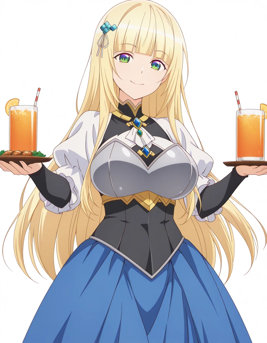 masterpiece, best quality, amazing quality,, <lora:christiana-leta-rosebreia-s1-illustriousxl-lora-nochekaiser:1>, christiana leta rosebreia, long hair, blonde hair, hair ornament, green eyes, blunt bangs, mature female, breasts, anime screencap, dress, pantyhose, puffy sleeves, armor, brooch, smile, izakaya, drinks, food, stools, social, cowboy shot, solo, looking at viewer, <lora:transparent-background-illustriousxl-lora-nochekaiser:1>, transparent background, simple background, white background