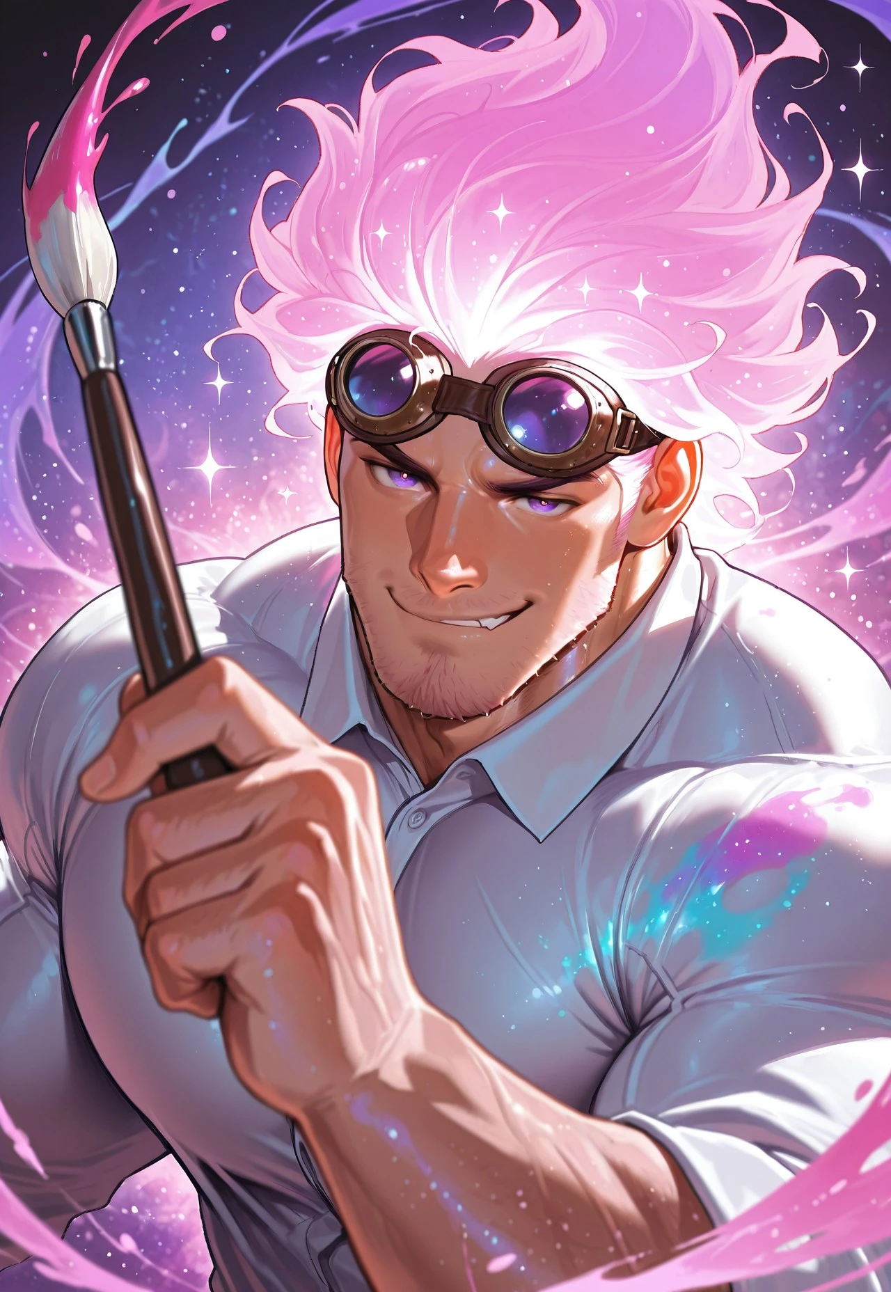 masterpiece, high quality, amazing quality, detailed background, intricate details, dynamic, cinematic, art shading, solo, male focus, high resolution, newest, depth of field, bara, yaoi, perfect face, 1boy, pink hair, glowing hair, magic hair, goggles, purple eyes, collared shirt, paintbrush, holding, looking at viewer, smile, huge pecs, large pectorals, broad shoulders, upper body, portrait, smirk, seductive, abstract art background, fantasy, sparkle, magic paint, paint splash, paint stain, magic paint swirls, dynamic, dynamic pose, action shot, dutch angle
