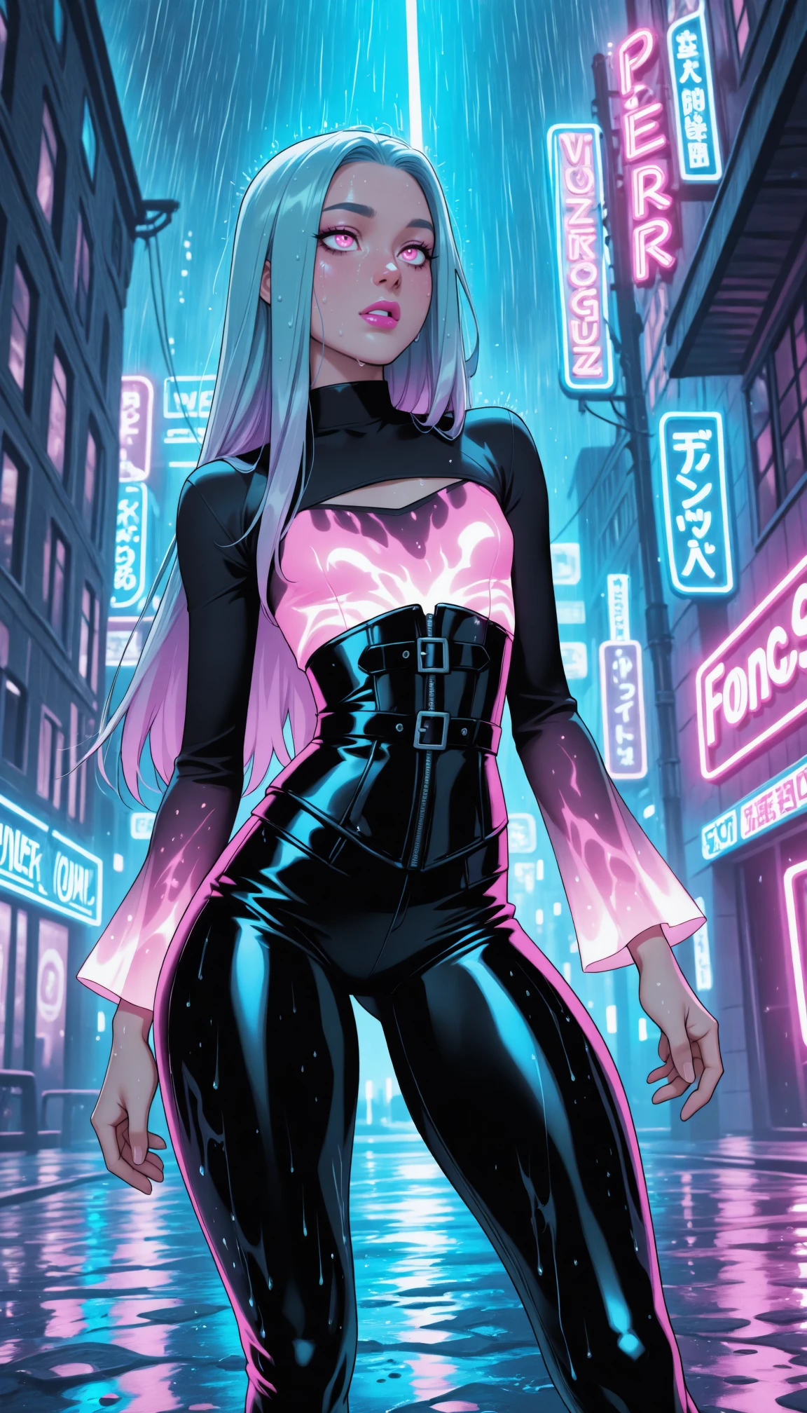 uma pintura digital da spider gwen utilizando touca e mascara, References to classic comic book malvel, spider verse, outfit Long Hair, arte cyberpunk de Josan Gonzalez, vencedora do concurso behance, afrofuturismo, synthwave, neon, neon brilhante,coxas grossas, cintura fina, sensual, nsfw, pouca roupa, arte erotica, anime, roupas  rasgada de batalha, extremamente sexualizada, corpo suado, NSFW, seios grandes, bunda grande, HD, 8k, Alta qualidade, detalhes, corpo perfeito, destaque o corpo, detalhe no rosto perfeito, Detail in the background
