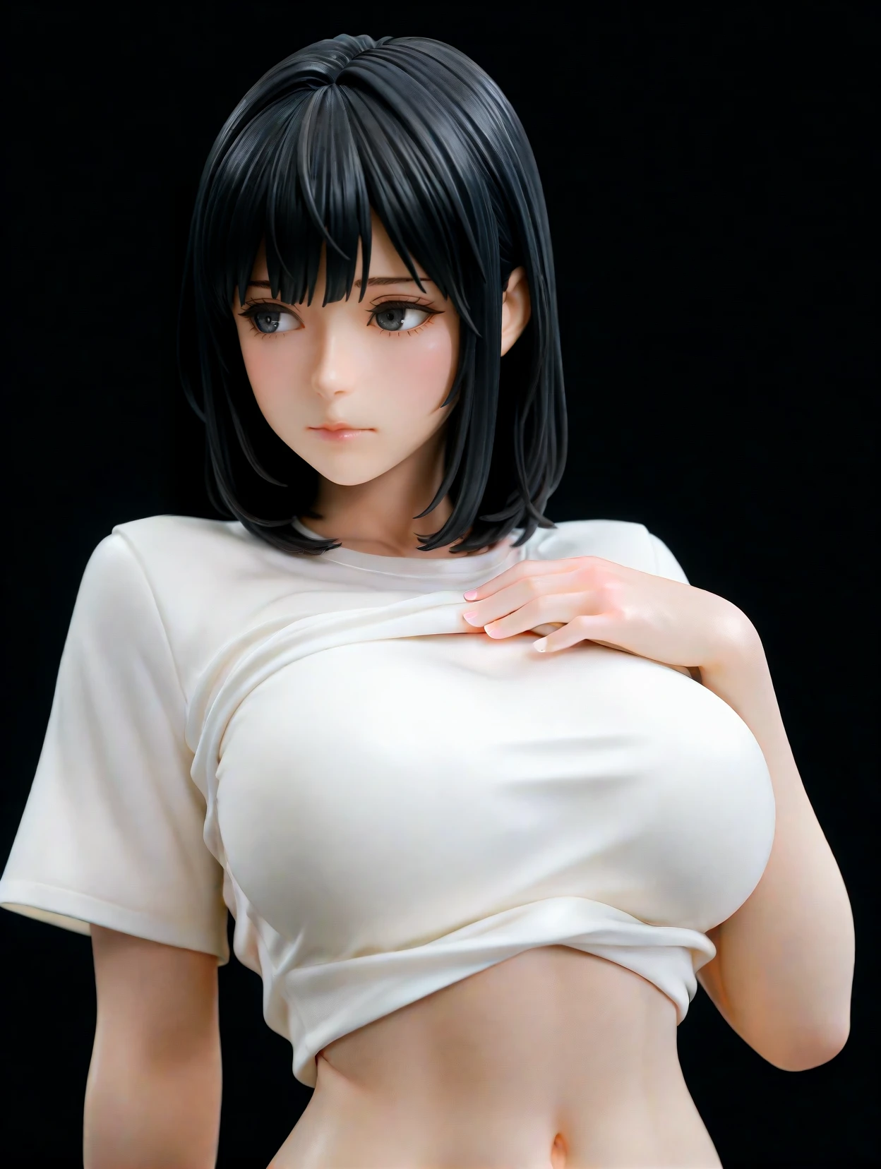<lora:HighPoly1llust:0.8>,high-poly,anime figure,
1girl,solo,shirt,navel,black hair,breasts,simple background,white shirt,t-shirt,short sleeves,upper body,closed mouth,bangs,clothes lift,medium hair,shirt lift,lifted by self,large breasts,looking away,black eyes,midriff,black_background,