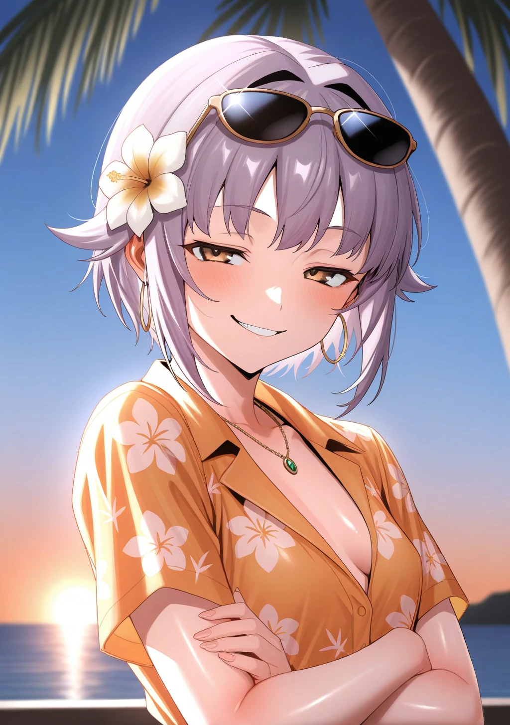 masterpiece, best quality, absurdres, perfect lighting,shiny skin,<lora:ulrich:0.8>,ulrich,1girl,koshimizu sachiko,hawaiian shirt,sunglasses,smirk, crossed arms,depth of field, ocean,palm tree, necklace, hair flower,hoop earrings,sunset,