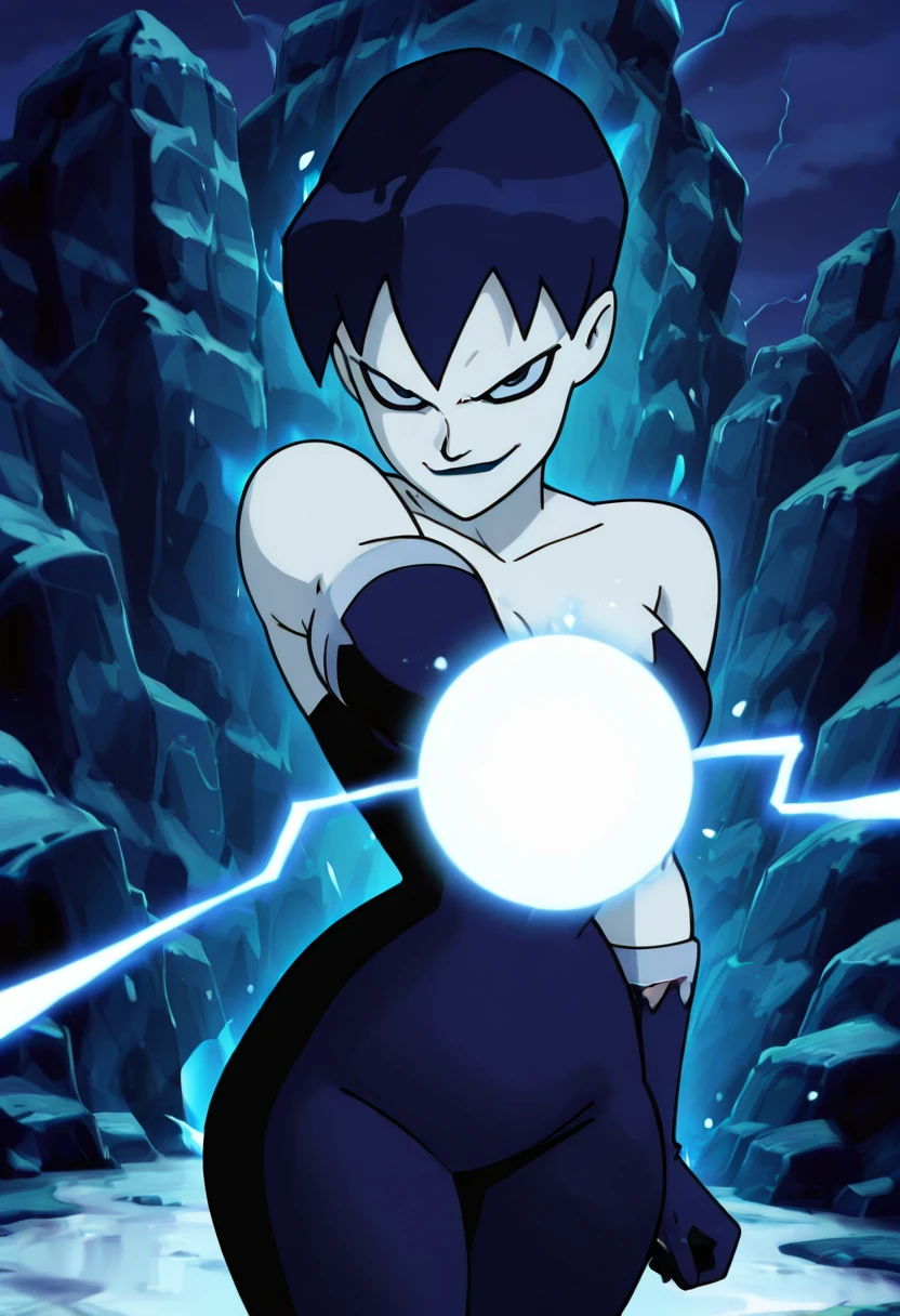 masterpiece, best quality, solo, curvy, beautiful eyes, narrow waist, wide hips, 1girl, solo, smile, looking at viewer, dynamic angle, foreshortening, close up, zzKFrostJLU, blue eyes, black hair, blue hair, short hair, blue lips, pale skin, bodysuit, gloves, bare shoulders, ,<lora:KillerFrost_JLU_IXL:1.0>, ,vivid aura, looking at viewer, blue background, smug, aura, super saiyan, charging energy, energy ball, energy, lightning, <lora:DBSBroly_Style_IXL_v2:0.6>,