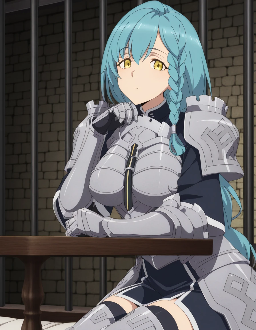 masterpiece, best quality, amazing quality,, <lora:rose-marblehart-s1-illustriousxl-lora-nochekaiser:1>, rose marblehart, long hair, blue hair, yellow eyes, braid, single braid, aqua hair, side braid, mature female, breasts, anime screencap, thighhighs, armor, gauntlets, shoulder armor, breastplate, armored dress, sitting, elbow rest, table,, prison cell, bars, bed, stone_walls, isolation, cowboy shot, solo, looking at viewer,