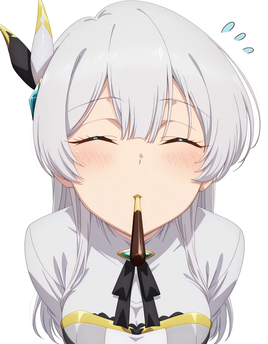 masterpiece, best quality, amazing quality,, <lora:allucia-citrus-s1-illustriousxl-lora-nochekaiser:1>, allucia citrus, long hair, blue eyes, hair ornament, hair between eyes, white hair, grey hair, mature female, medium breasts, anime screencap, <lora:incoming-pocky-kiss-illustriousxl-lora-nochekaiser:1>, incoming pocky kiss, looking at viewer, blush, food, mouth hold, flying sweatdrops, pocky, closed eyes, foreshortening, , <lora:transparent-background-illustriousxl-lora-nochekaiser:1>, transparent background, simple background, white background