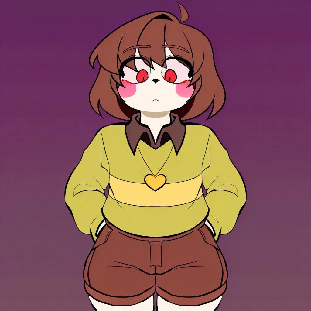 detailed, masterpiece, high quality, amazing quality, highres, newest, absurdres, solo, 
Darky232425,
Chara/(Undertale/), striped sweater, black collared shirt, heart necklace, brown shorts, blush stickers,
