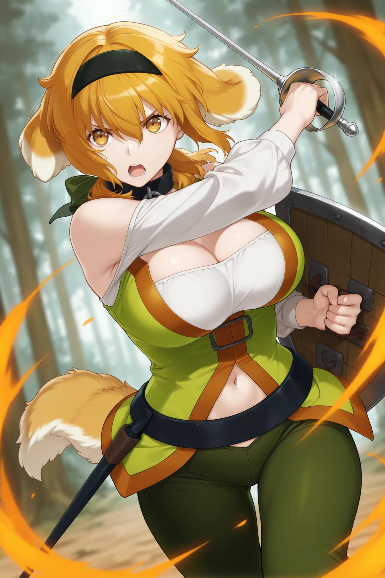 masterpiece, best quality, roxanne, dog ears, black hairband, [[[green hairband]]], collar, off-shoulder shirt, cleavage, green vest, green pants, large breasts, holding sword, ((sword)), ((((charging forward)))), looking at viewer, (((dog tail above butt))), [[[focused]]], [[glaring]], holding weapon, hand on hilt, (((dirt))), (((((dungeon))))), ((maze)), (((medieval))), ((dark)), ((night)), glowing, orbs